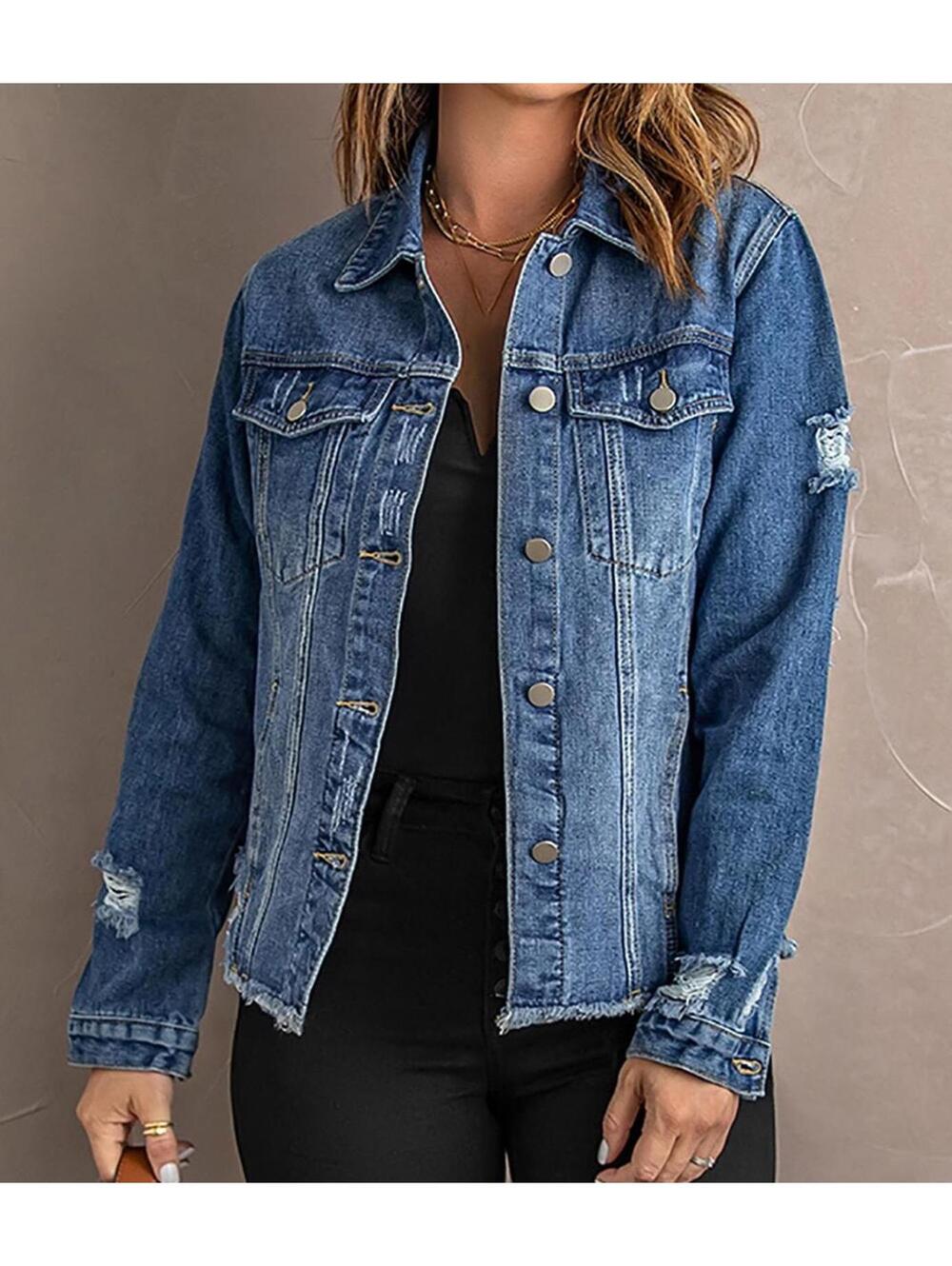 Medium Wash Distressed Women's Denim Jacket